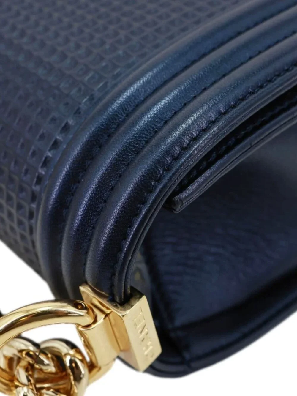 Chanel  Boy Flap Medium Cube Embossed Leather Shoulder Bag Navy Blue